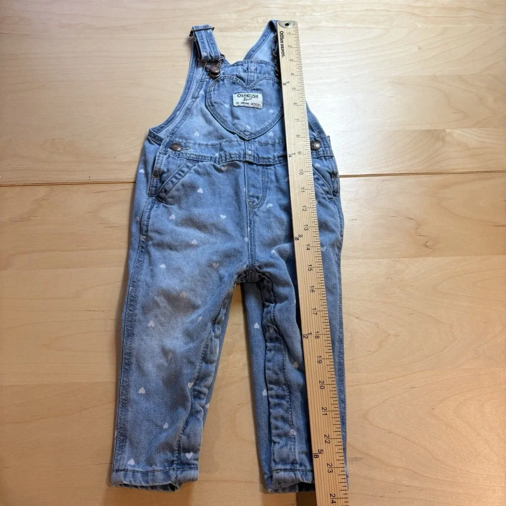 OshKosh B'gosh Baby Girl 12M Blue Denim Overalls Heart Print 100% Cotton
